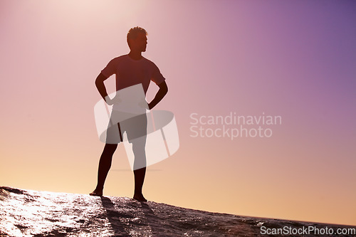 Image of Man, horizon and sky with hiking on cliff in nature for adventure and fitness, mockup space and travel. Trekking, journey and hiker outdoor with view, sunset color and exercise on mountain trip