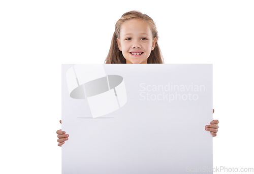 Image of Poster, portrait and kid advertising mockup, broadcast space and commercial presentation in studio on white background. Happy girl, kid and sign board for feedback, offer and information coming soon