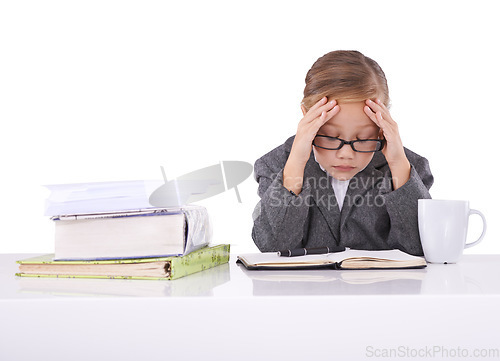 Image of Child, work and suit for future job or career stress at desk or professional, notebook or white background. Girl, tired and frustrated in studio or research burnout dress up, employment or mockup