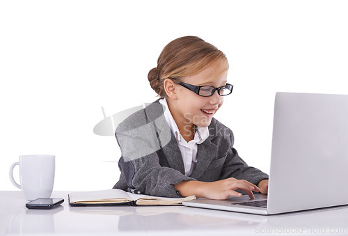 Image of Business person, child and typing on laptop in studio, email and report or proposal on white background. Female person, pretend professional and playing fantasy game on tech, web and online research