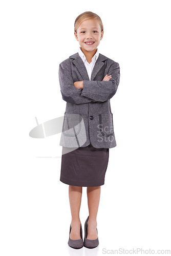 Image of Professional, child and pride in studio portrait, pretend employee and playing fantasy game. Female person, full body and confidence in career on white background, entrepreneur and smile for startup