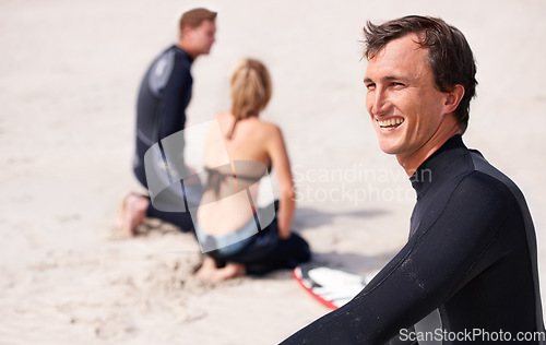 Image of Smile, vision and surfer at beach for sports, fitness or holiday on summer vacation in wetsuit. Nature, earth or sand and happy young person with surfboard for exercise, health or training outdoor