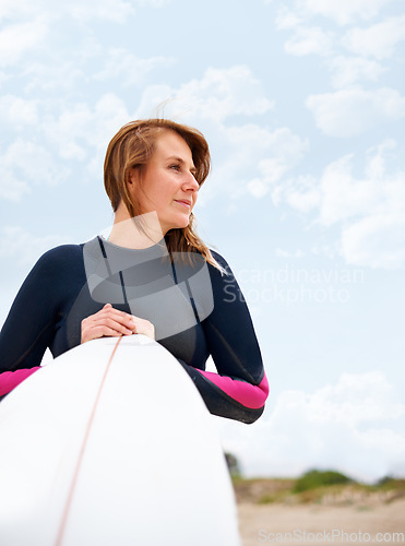 Image of Surfer, woman and view on beach with surfboard, vacation and adventure for fitness and travel. Ocean, waves for surfing and seaside summer holiday in Hawaii, nature and tourism with extreme sports