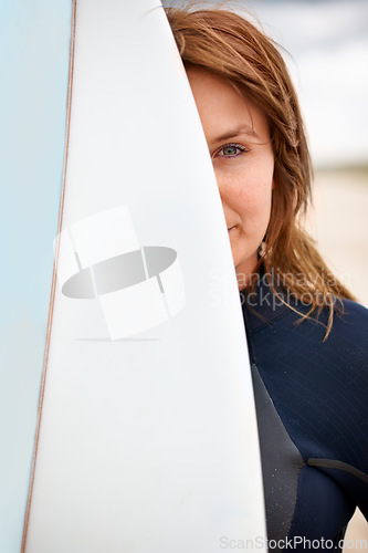 Image of Surfboard, portrait or female surfer at sea for fitness training, workout or sports exercise in Hawaii. Healthy, athlete or woman ready for surfing on fun holiday vacation at beach, ocean or nature