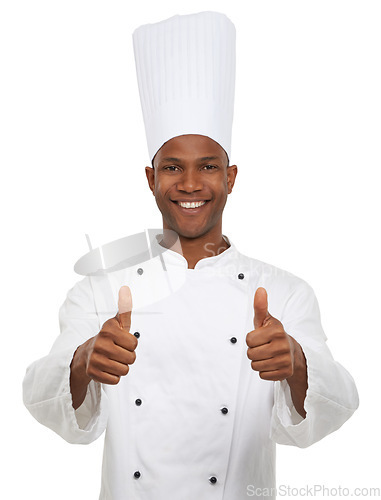 Image of Man, chef and portrait with thumbs up, confident and professional guy on white studio background. African person, culinary expert and mockup space with career, food industry and employee uniform