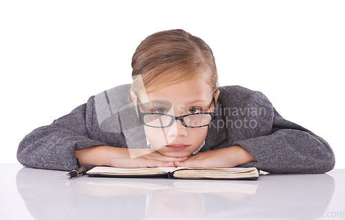 Image of Professional, notebook and child in studio portrait, ideas and planning agenda or tasks. Serious female person, pretend employee and journal for strategy, schedule and diary on white background