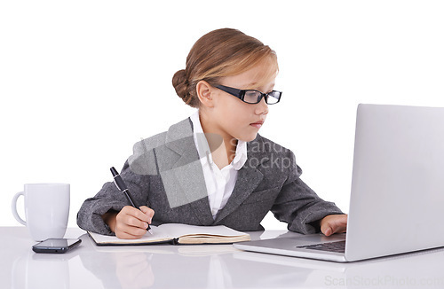 Image of Professional, child and notes from laptop research in studio, ideas and planning for agenda. Female person, pretend employee and writing in journal, business proposal and laptop on white background