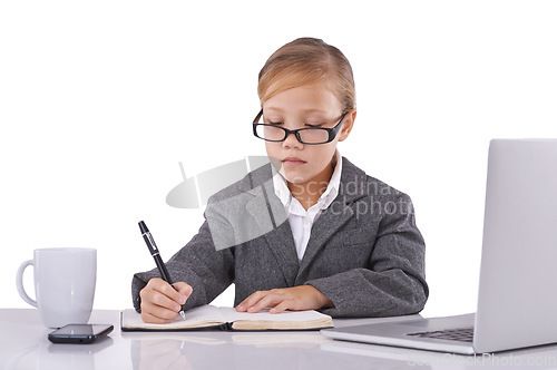 Image of Business professional, notebook and child planning in studio, ideas and agenda for company. Serious female person, pretend employee and journal for strategy, schedule and diary on white background