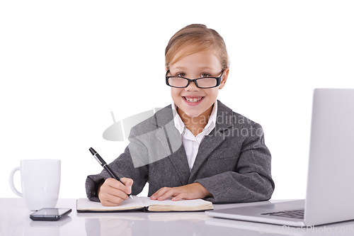 Image of Business, notebook and child planning in portrait, ideas and planning agenda in studio. Happy female professional, pretend employee and journal for strategy, information and diary on white background