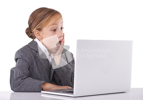 Image of Business, child and shock for information on laptop in studio, announcement and omg on white background. Female person, girl pretend and playing fantasy game with tech, surprise and discount or promo