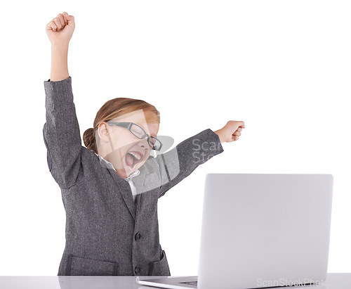 Image of Business, child and celebrate online win on laptop in studio, promotion and fist pump for achievement. Female person, bonus and pretend play on white background, prize and investment in fantasy game