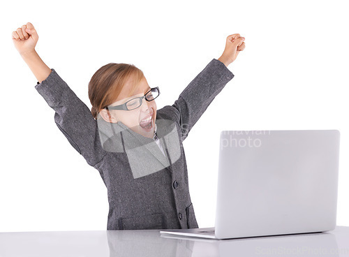 Image of Business, child and celebrate win on laptop in studio, promotion and fist pump for achievement. Female person, bonus and pretend play on white background, prize and investment or sale in fantasy game