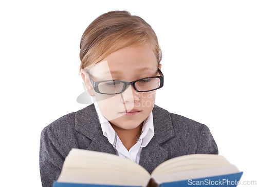 Image of Girl, child and reading book for knowledge in studio, learning and fiction novel on white background. Female person, story and information for imagination development, education and studying literacy