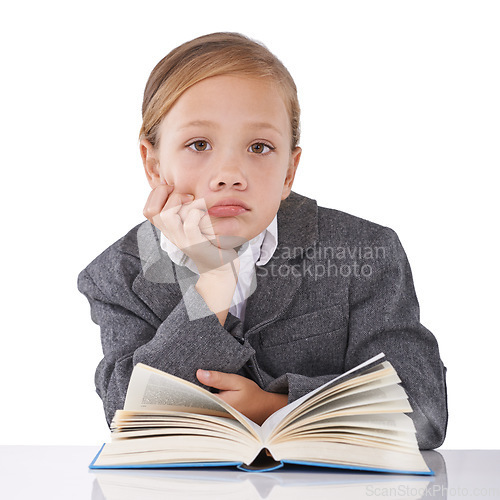 Image of Girl, child and reading book for knowledge in portrait, learning and fiction novel on white background. Female person, studio and info for imagination development, education and studying literacy