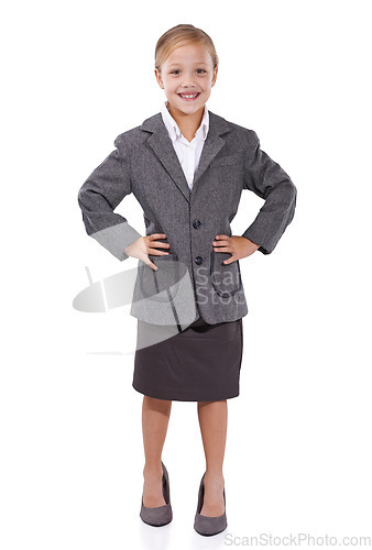 Image of Business, kid and confidence in studio portrait, pretend employee and playing corporate game. Female person, girl and professional in career on white background, entrepreneur and happy for startup