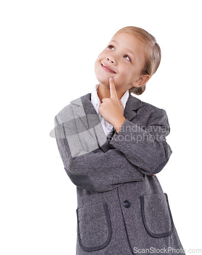 Image of Business professional, child and thinking on ideas in studio, question and contemplating solution or plan. Female person, pretend employee and playing game on white background, opportunity and wonder