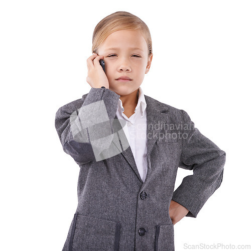 Image of Business, child and phone call in studio with anger, feedback and connection problem or sales deal failure. Little girl, cross and smartphone to pretend as boss and bad service by white background