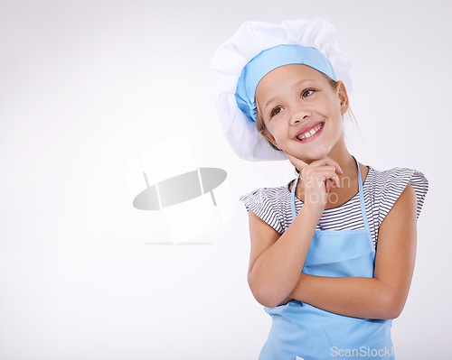 Image of Child, chef and thinking of food idea and menu for recipe development on white studio background. Culinary skills, young and ready to cook and mockup space with confidence in hospitality industry