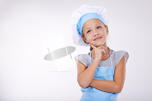 Image of Kid, chef and thinking of food, idea and menu for child development on white background. Culinary skills, young and ready to cook and childhood growth with mockup for hospitality industry future