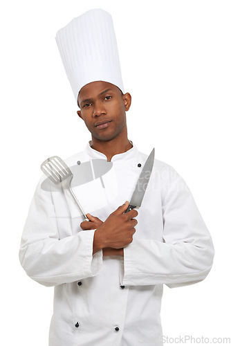 Image of Man, chef and portrait with spatula knife in studio isolated on white background. Face, cooking professional or kitchen turner, metal or blade of serious African restaurant worker in catering service