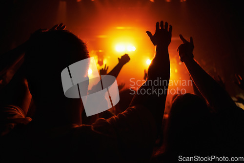 Image of Club, concert and audience with hands or lights for music, party and rave festival with silhouette and dancing. Disco, psychedelic event or performance with entertainment, crowd and rear view gesture