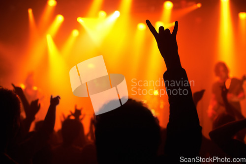 Image of Nightclub, concert and audience with rock or sign for music, band and rave festival with silhouette, dancing or show. Disco, live event and performance with entertainment, crowd and rear view gesture