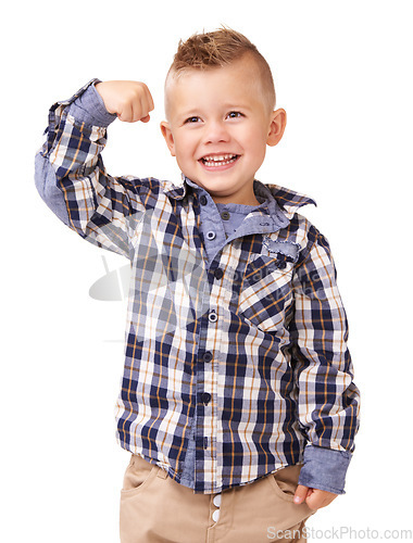 Image of Happy boy, flex and fashion with hair style and checkered shirt standing isolated on a white studio background. Face of young little child, kid or male person smile showing muscle in casual clothing