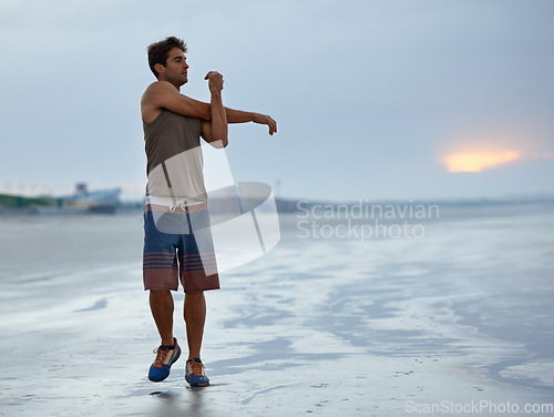 Image of Holiday, stretching and beach with man, fitness and vacation with summer break and morning. Person, ocean and guy with wellness or seaside with with exercise, peaceful and water with health or travel