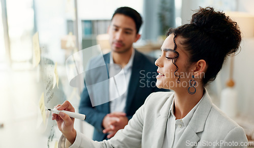 Image of Planning, teamwork and business people writing in office for calendar, agenda or schedule management. Creative, goal and design team in problem solving meeting, brainstorming or solution discussion