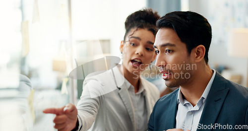 Image of Teamwork, planning and business people writing in office for calendar, agenda or schedule management. Creative, goal and design team in problem solving meeting, brainstorming or solution discussion