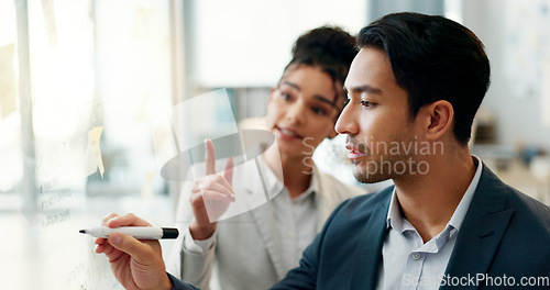 Image of Teamwork, planning and business people writing in office for calendar, agenda or schedule management. Creative, goal and design team in problem solving meeting, brainstorming or solution discussion