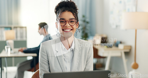 Image of Portrait of woman with smile, laptop and coworking space for research, online admin and consultant at agency. Office, networking business and girl at computer typing email review, feedback or report