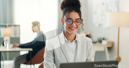Image of Happy woman with glasses, laptop and typing in coworking space, research and online schedule at consulting agency. Office, networking business and girl at computer writing email, review or report.