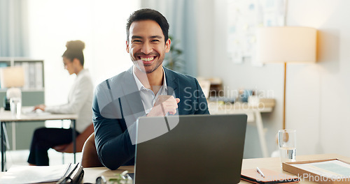 Image of Portrait of man with smile, laptop and coworking space for research, online article and consultant at agency. Office, happiness and businessman at computer typing email review, feedback or report.