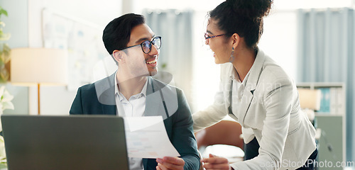 Image of Document, team and funny business people in discussion, planning strategy and brainstorming. Paperwork, laptop and collaboration of happy lawyers working on project, laughing or cooperation in office