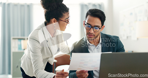 Image of Document, team and funny business people in discussion, planning strategy and brainstorming. Paperwork, laptop and collaboration of happy lawyers working on project, laughing or cooperation in office