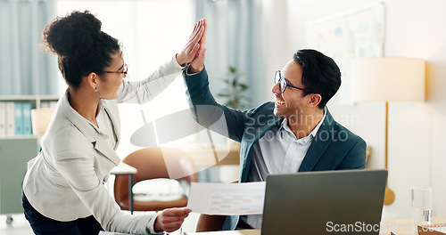 Image of Collaboration, business people and high five for success and teamwork motivation for project. Computer, talking and lawyer staff with case discussion and attorney work with report in office together