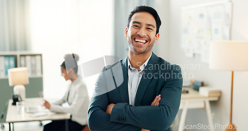 Image of Portrait of man with smile, confidence and coworking space, manager for online research and consulting agency. Office, happiness and businessman with arms crossed, leadership and entrepreneur at work