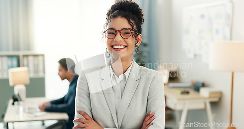 Image of Portrait of woman with smile, arms crossed and coworking space for research, admin and consultant at agency. Office, networking business and face of happy girl with confidence, leadership at startup.