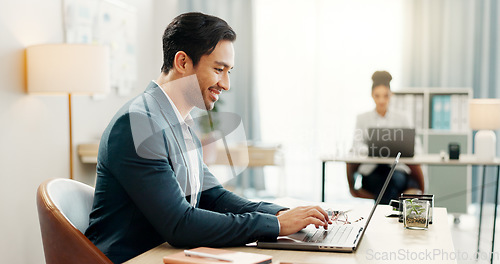 Image of Laptop, typing and happy asian business man in office smile for email, planning or feedback report in coworking space. Online, review and Japanese male manager with proposal, research or satisfaction