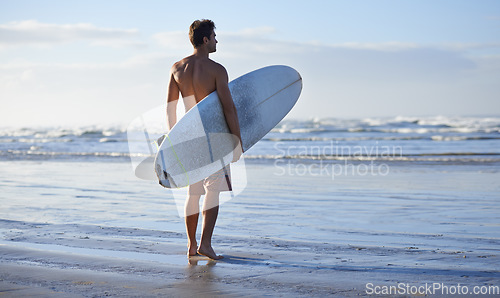 Image of Fitness, surfing and back of man at a beach with surfboard for freedom, travel or sports outdoor. Ocean, training and male surfer at the sea for swimming, wellness or adventure, workout or holiday