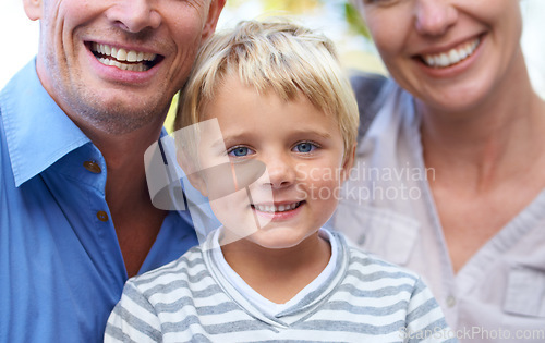 Image of Portrait, smile and parents with boy in garden for outdoor adventure, vacation or bonding. Relax, sunshine and family, happy child with with mom and dad on summer holiday fun with smile in backyard.