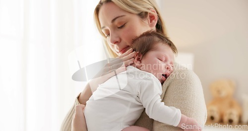 Image of Sleeping, love and mother carry baby for bonding, relationship and child development together at home. Family, motherhood and happy mom with newborn for care, dreaming and affection in nursery room