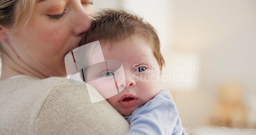 Image of Love, mother and baby in nursery for bonding, touch or cuddle with support or care in house. Woman, mom or holding newborn in bedroom with bond and relax for child development and nurture in home