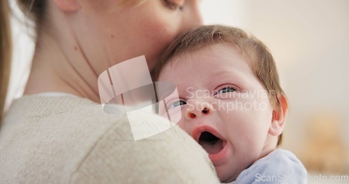 Image of Baby, yawn and calm with tired newborn and mom in a bedroom at morning with care. Rest, relax and young kid with fatigue and mother support in a family home with motherhood in house with bonding
