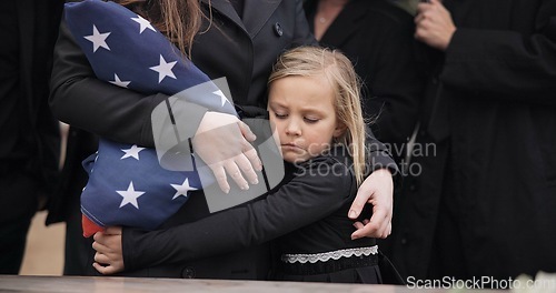 Image of Sad, hug and a child at a funeral or graveyard for a ceremony or death with family. Depression, young and a girl kid with a person for comfort at a cemetery for mourning, grief together or loss