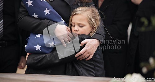 Image of Sad, hug and a child at a funeral or graveyard for a ceremony or death with family. Depression, young and a girl kid with a person for comfort at a cemetery for mourning, grief together or loss