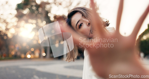 Image of Outdoor, dancing and woman with energy, face and performance with training, routine and creative industry. Portrait, contemporary dancer and girl with summer, movement and artist with practice