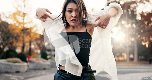 Image of Outdoor, dancing and woman with energy, talent and performance with training, practice and creative industry. Culture, contemporary dancer and girl with summer, movement and artist with routine