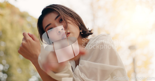 Image of Outdoor, dancing and woman with creativity, face and performance with training, routine and talent. Portrait, contemporary dancer and girl with summer, movement and artist with practice and Japanese